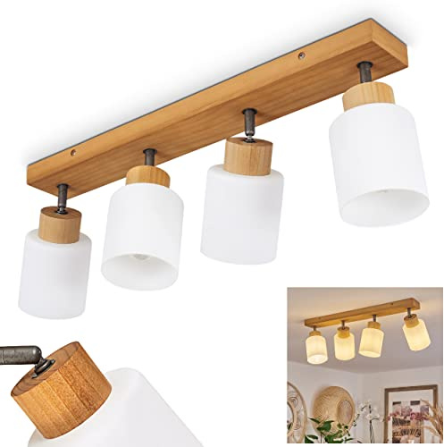 Plafonnier Tercier, plafonnier moderne en bois/métal/verre naturel/ancien argent/blanc, luminaire au design scandinave avec abat-jour orientable, 4 flammes, 4 x E14, sans ampoules