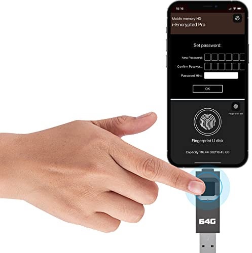 YIGORN Clé USB cryptée de 64 Go avec empreintes digitales, disque U sécurisé protégé par mot de passe, clé USB, clé USB, stockage de cryptage pour iPhone/iPad/iPadmini/Mac/PC