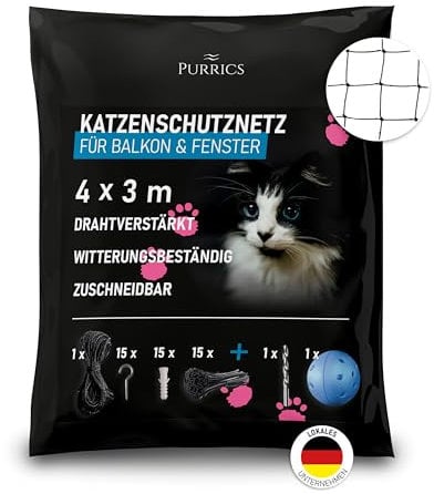 Purrics Katzennetz für Balkon & Fenster Drahtverstärkt | 4x3m | Schutznetz ohne Bohren | Katzengitter drahtverstärkt | wetterbeständig & bissfest | Befestigungsset inklusive | Katzenschutznetz schwarz