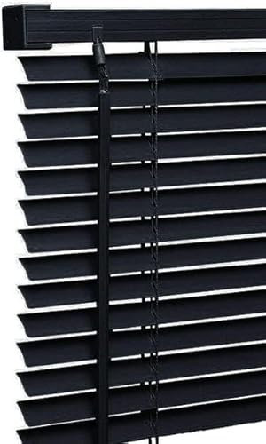 Ruby Deals PVC Venetian Blind Blinds Window 25mm Thin Slats Kitchen Windows Blinds Treatments Easy Fit Curtains Trimmable Fittings Home Office (Black Blind, W180cm x L150cm)