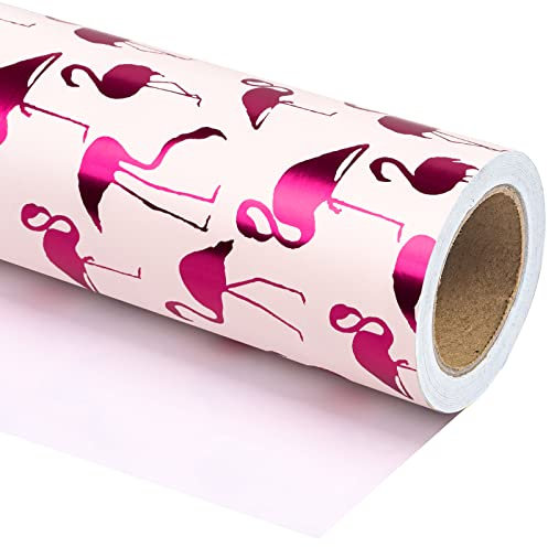 WRAPAHOLIC Geschenkpapierrolle – Mini-Rolle – 43,2 cm x 94,4 m – Rosa mit Fuchsia-Folie Flamingo für Hochzeit, Geburtstag, Urlaub, Babyparty