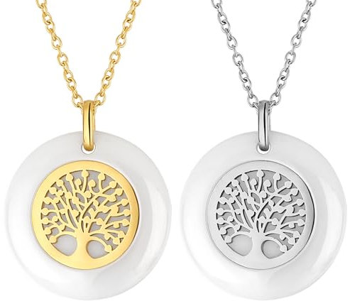 JewelryWe Lebensbaum Anhänger Halskette Damen: 2pcs Edelstahl Elegant Baum des Lebens Rund Kreis Anhänger Kette mit Weiß Keramik Schmuck Geschenk für Frau Freundin Mutter