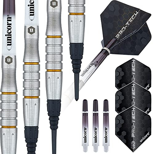 ‎Unicorn Dartpfeile mit weicher Spitze | Pro-Tech Style 5 | 70% natürliche Wolfram-Barrels mit goldenen Akzenten | Epic Soft Tips | 18g