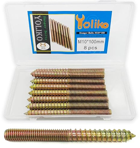 Yoliko Confezione da 8 bulloni a doppia testa M10 x 100 da 100 mm, bulloni a doppia testa da 10 mm per tasselli in legno per mobili