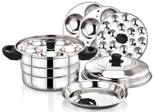 Sterling Ventures Idli idly Maker Stainless Steel Idli Dhokla Cooker Idli Maker Makes 14 & 21 Idlis at Once Comes with 4 & 6 Plates Gas Stove Compatible Silver (21 idlis Cooker)
