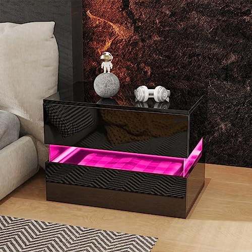 PIPIPOXER Nachttisch Schwarz mit 2 Schubladen, 61x38x47cm Nachttisch mit LED, Nachtschrank Schwarz Hochglanz Nachtkommode 2 Schubladen Beistelltisch für Wohnzimmer, Schlafzimmer