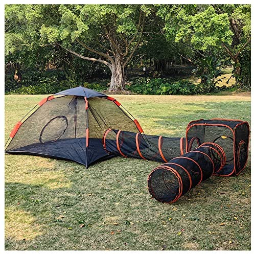 Outdoor Katzengehege Pop Up Haustier Zelt Tragbarer Katzenlaufstall mit Katzentunnel Faltbares Spielhaus für Katzen Kaninchen 4 in 1 Haustier Katze und Hund Tunnel Zelt - Kleintiere