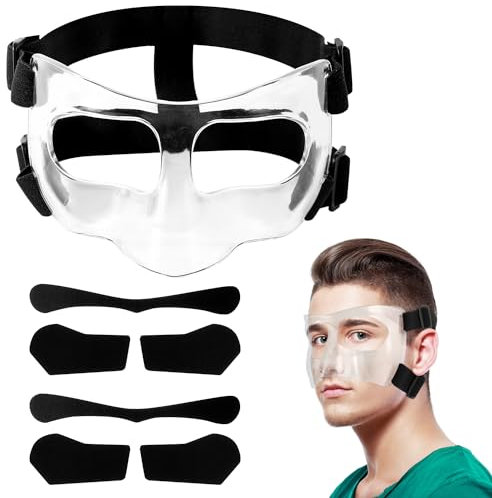 Maske für Gebrochene Nase, Verstellbar, Gesichtsschutz Atmungsaktiv Transparent Gesichtsschutz Sporttraining Gesichtsmaske mit Polsterung für Erwachsene Jugendliche Basketball Fußball Zubehör