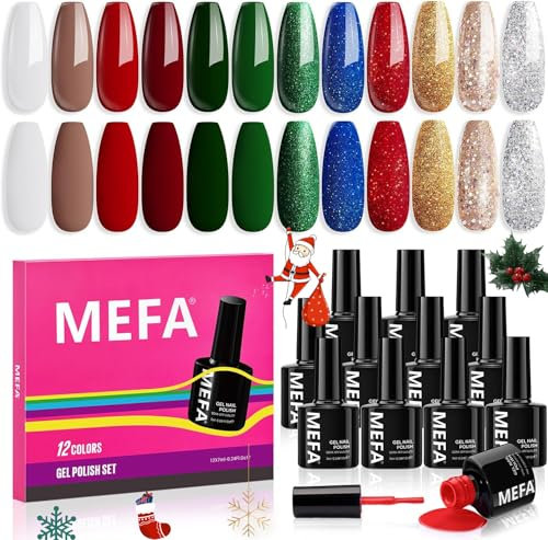 MEFA Red Gel Nail Polish Set, 12 Colors Glitter Green Silver Gold Gel Polish Set Soak Off UV Led Nail Gel Manicure at Home DIY Salon for Women