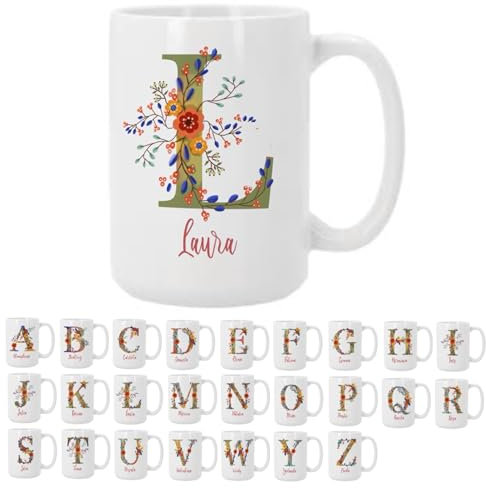 Bee Ingenious Tazas personalizadas con nombre e inicial L: Tazas de cafe A-Z de ceramica Tazas de desayuno con letra Taza XL 443ml Tazas originales para regalar Tazas de te A-Z (L)