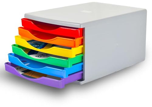 Deflecto Rainbow Colours Desk Drawer Set featuring 6 x 30mm Drawers - Desk Organiser with A4 Storage