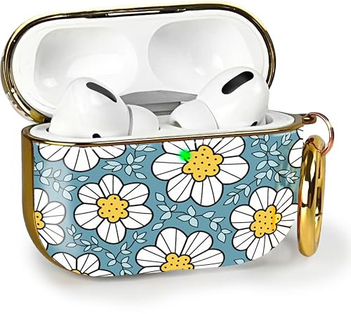 MyGadget Hardcase Hülle [ Blumen Motiv ] kompatibel mit Apple AirPods Pro (2.Gen - 2022) - Qi kompatibel - mit Karabiner - LED Licht sichtbar - Blau
