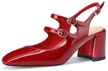 MIRAAZZURRA Damen Mary Janes Pumps mit rundem Zehenbereich Riemen und blockiertem Absatz mit verstellbarer Schnalle Rot EU 39