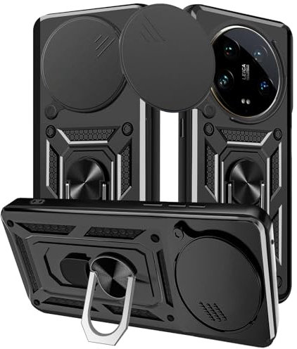 Yutwo Cover per Xiaomi 14 Ultra, Custodia per Xiaomi 14 Ultra Custodia Antiurto Scorrevole Protezione Fotocamera Custodia con 360°Rotante Anello Supporto TPU+PC Cover per Xiaomi 14 Ultra- Nero