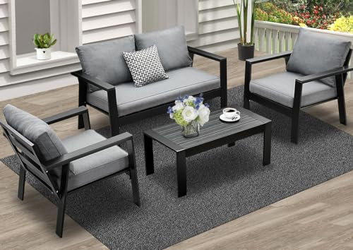 Gartenmöbel Set Aluminium 4 TLG, 2-Sitzer Sofa, 2 x Einzelsessel, 1 x Couchtisch, 7 x Auflagen, wetterfest Balkonmöbel für Garten, Balkon & Terrasse (schwarz)