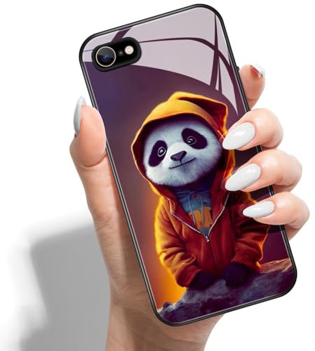 Phone Case for iPhone SE (2022) / SE 2020/8 / 7 Hard Back Cover Printed Pattern Design Hybrid PC + HD Glass Soft TPU Bumper - Hat Panda