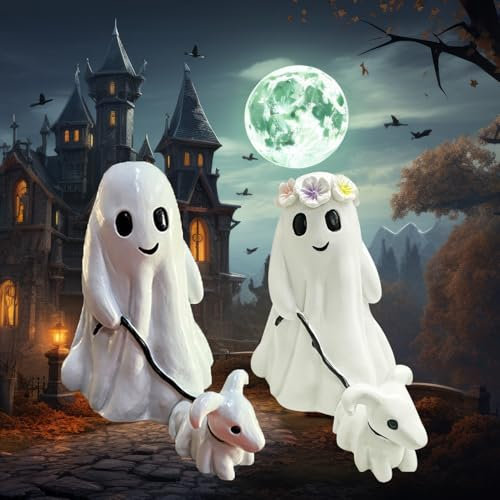 Halloween Deko Geist Walking Hund Statue, Halloween Geist Deko Figuren mit Hund, Halloween Geist Figuren aus Harz, Lustige Geister Figur mit Hund für Halloween Tischdeko, Garten Deko, Party Deko (A+B)