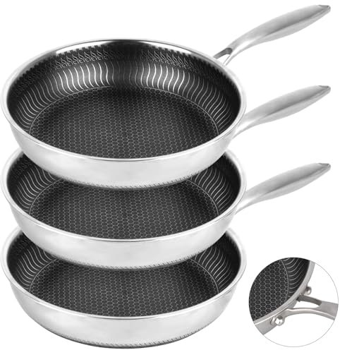 Polegas 3 Pcs 28cm Frying Pan Set,Non-Stick Woks with Honeycomb Structure and Removable Handle,Stainless Steel Wok for Cooking, Frying and Stewing, Pans Suitable for All Types of Cookers