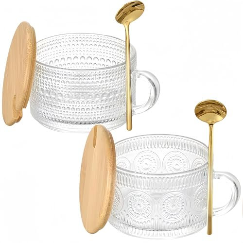 NBBENG Vintage Glass Coffee Mugs, 14oz Clear Embossed Glass Cups, Cute Coffee Bar Accessories, Iced Coffee Glasses Mugs with Lid and Spoon, for Cappuccino Latte Overnight Oats (2)