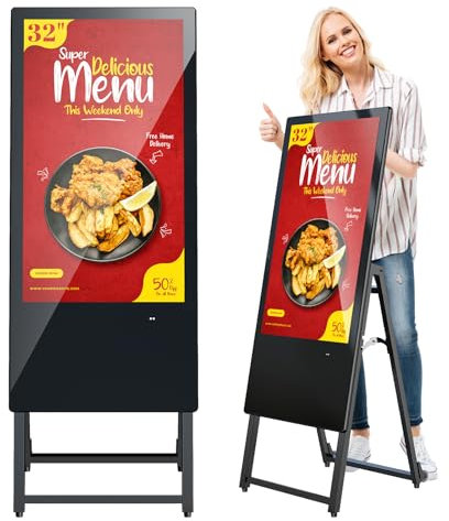 MWE 32 Pouces Intérieur Écran Publicitaire, avec 4 Rouleaux, Écran d'affichage Portable, Convient aux Centres Commerciaux, Restaurants, Hôtels, Présentoirs de Produits