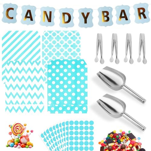 110stück Candy Bar Zubehör,Enthält 100 Candy Bar Tüten Und 4 Zuckerzangen Mit Runder Spitze, 2 Candybar Schaufel Und 3 Aufkleberbögen Sowie 1 Blauen Candy Bar Deko Girlande, Geeignet Für Partys (Blau)