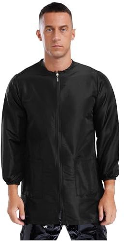 Aislor Herren Kittel Langarm Arbeitskittel Haarschnitt Friseur Kittel Barbier Kittel Schürze Schutzkittel mit Reißverschluss Taschen Schutzkleidung Schwarz M