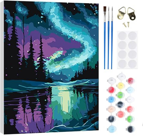 RICUVED Pintar por Números Aurora 20x30cm para Adultos con Marco de Madera -Paisajes Kit Completo de Pintura al Óleo, Pinceles y Lienzo para Crear y Decorar Tu Propio Cuadro