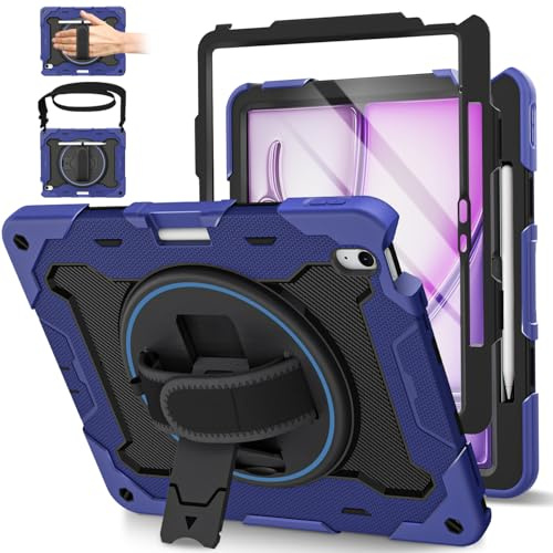 ROSROME for iPad Air 13 Inch Case 2026(M4)/2025(M3)/2024(M2), Navy Blue | with HD Screen Protector, Heavy Duty Shockproof Kids Cover with 360°Rotating Stand/Hand Strap/Shoulder Strap/Pencil Holder