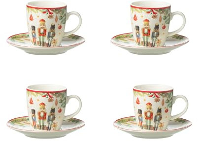 Tin of 4 Coffee Cups and Saucers Nutcracker Ceramic White