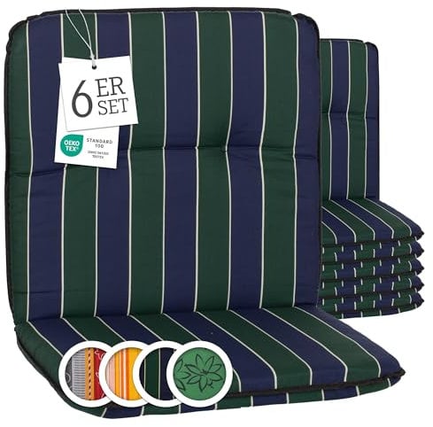 Beo Bali Gartenstuhl-Auflagen Niedriglehner 96x47 cm, 6er Set blau dunkelgrün gestreift | Waschbare, UV-beständige Sitz-Kissen | Atmungsaktive Polster-Auflagen nach Öko-Tex Standard | Made in EU