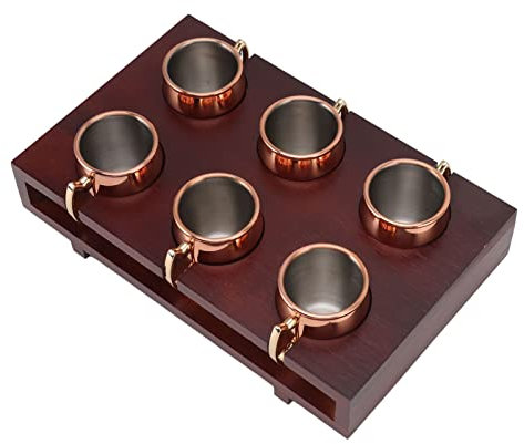 Mule Copper Mugs Set, 6 Stainless Steel Cups with Wooden Stand, Bar Drinkware for Home, Professional Serving Set