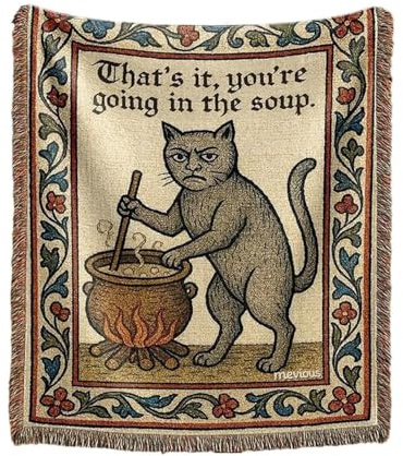 mevious Weird Medieval Cat Woven Tapestry, Vintage Cat Themed Woven Sofa Blanket, Wall Hanging Art Handicrafts, Soft and Cozy Multipurpose Blanket, With Fringe Tassels, Home Decor for Cats Lovers