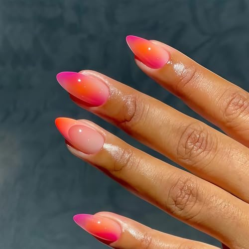 Shimmerz 24 Pieces Almond Press On Nails, Ombre Pink Orange, Acrylic Artificial Glossy Full Cover, Adhesive Nails for Women & Girls