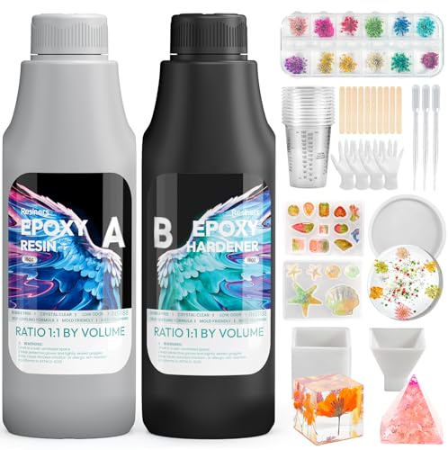 Resiners Epoxidharz Starter-Set Anfänger, 1L kristallklare Epoxidharz Set mit Formen, Nagelkunst-Transferfolien & Zubehör – Hochglanz, nicht vergilbend, blasenfrei für Guss, Schmuckherstellung