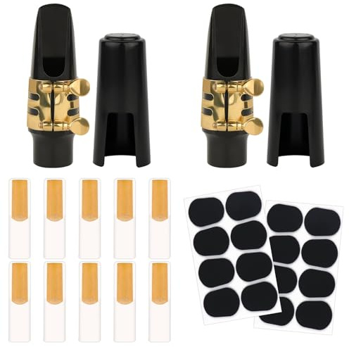 Alto Sax Mouthpiece Kit - Include 2 Gold Mouthpieces 2 Plastic Caps 2 Sax Ligatures 10 Reeds and 16 Pads for Alto Saxophone Parts and Accessories