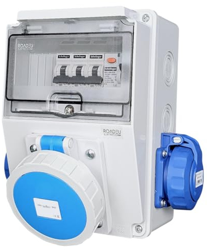 RoadEu Quadro Elettrico Cantiere IP66 | Resistente all'Acqua | Presa CEE 32A 3P + 2x Schuko 230V 16A | Distributore Pre-Cablato con Interruttore Differenziale (Salvavita) & Magnetotermici
