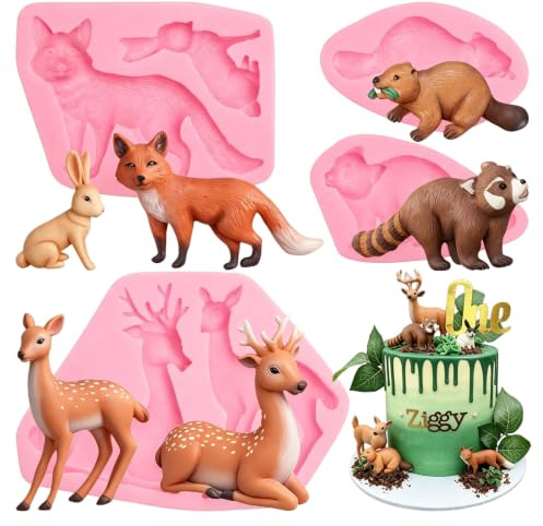Bexal Silikon-Backformenset „Waldtiere“, 4-teiliges Set | Figuren in Form von Fuchs, Kaninchen, Sikahirsch, Waschbär und Biber, geeignet als Tortendekoration und für Süßigkeiten