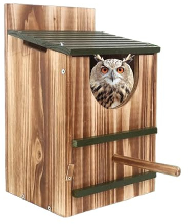 Nistkasten für Eulen – rustikaler Unterschlupf aus Holz, karbonisierter Vogelnistkasten für den Außenbereich, für Eichhörnchen, Vögel, Tauben, Garten, Fenster, Haus, Winterdekoration