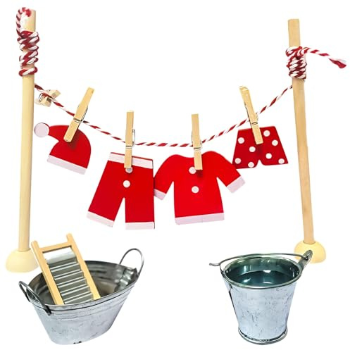 Skeadex Wichtel Wäscheständer Set, Wichtel Zubehör Weihnachten Wichtelset Mini Wäscheständer Set mit Eimer Reibebretter Holzbügel Kleidung Wichteltür Set für Puppenhaus Zubehör Möbel (B)