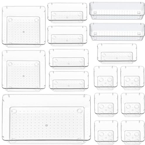 YueXing Drawer Organiser Set, Clear Makeup Trays Plastic, Desk Drawer Dividers Dresser Storage Bins Separation Box for Bathroom, Office, Cosmetic, Jewelries and Gadgets, Bedroom (16pcs)