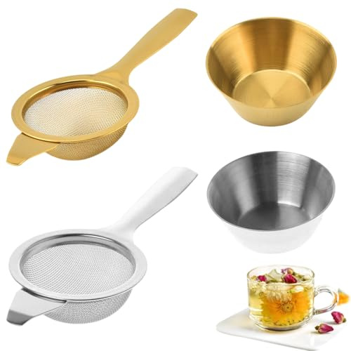 YIPFEN Infusor de Té y Filtro de Malla Fina, 2 Piezas con Mango Largo y Base Soporte, Acero Inoxidable (Oro/Plata) para Macerar Hojas Suelto Sin Escaldar las Manos