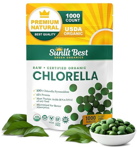 Sunlit Best USDA Organic Premium Chlorella Tablets 1000 Count | 100% Pure Chlorella Superfood Supplement High in Protein, Chlorophyll, Vitamins, & Minerals | Supports Good Health, Wellbeing