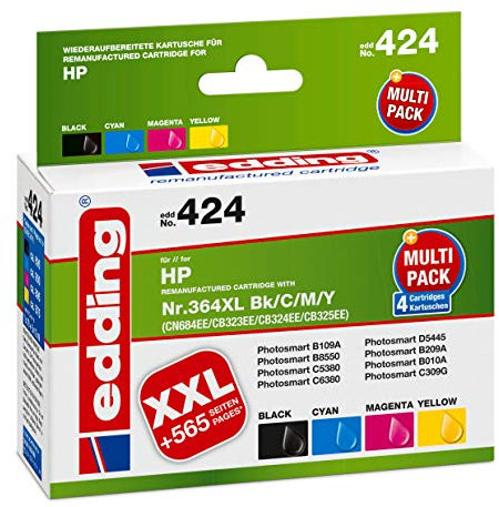 edding Druckerpatrone EDD-424 - Multipack 4 - Schwarz, Cyan, Magenta, Gelb - 1x 19 ml + 3x 12 ml - Reichweite 1x 695 3x 890 Seiten - Ersetzt HP 364XL (CN684/CB323/CB324/CB325)