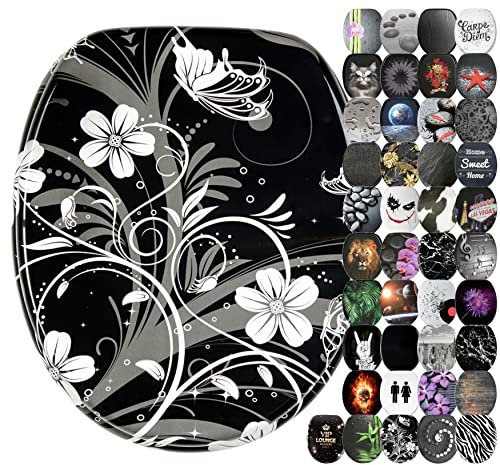 Sanilo Soft Close Toilet Seat, Wide Choice of Black Toilet Seats, Stable Hinges, Easy to Mount (White Flower)
