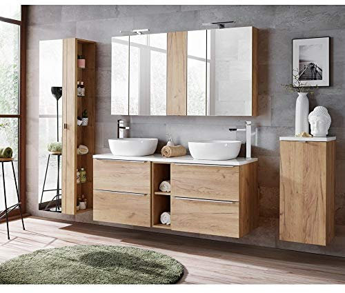 Lomadox Badmöbelset Wotaneiche, mit Doppel-Waschtisch, inkl. LED-Spiegelschrank, Hochschrank und Wäschesammler