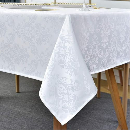 SASTYBALE Rechteckige Tischdecke - 132 x 182 cm, Weiße Damast-Tischdecke, Jacquard-Design, Auslaufsicher, Knitte, Wasserdicht, Weiche Polyester-Tischdecke für Küche, Partys, Tischplatte