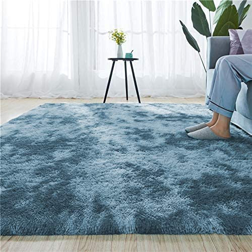 Blivener Luxuriöser zotteliger weicher Teppich, batik-gefärbtes Kunstfell, für den Innenbereich, flauschig, rutschfest, moderne Heimdekoration für Schlafzimmer, Kinderzimmer, blau, 160 x 200 cm