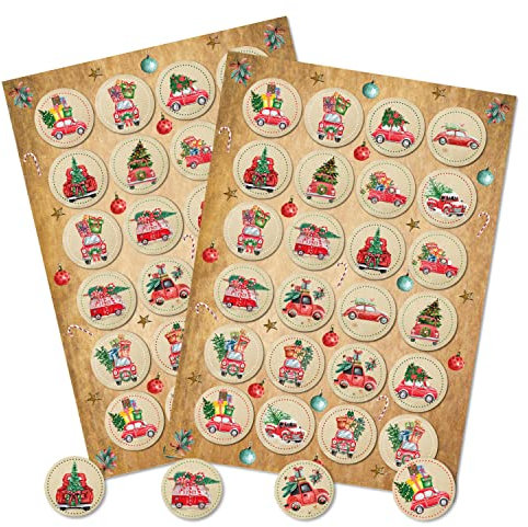 Logbuch-Verlag 48 runde Aufkleber Weihnachten Trucks Weihnachtaufkleber Weihnachtsetikett Deko Autos beige rot Verpackung Sticker