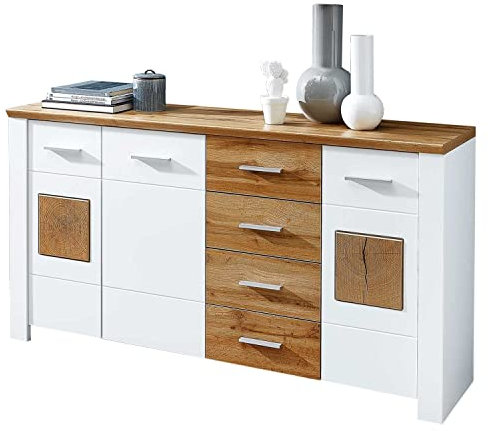 Möbel Jack Sideboard - Weiß matt - Eiche Altholz Dekor - B 164 cm - 3 Türen - 4 Schubladen