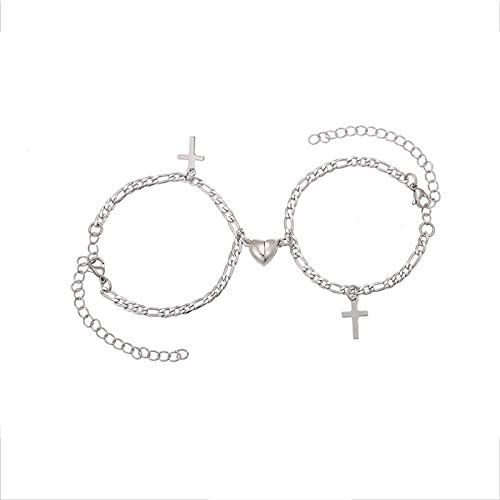 Sttiafay Magnetische Armbänder für Paare Silbernes Kreuz Handkette Herz Passende Armbänder Geschenke für die beste Freundin